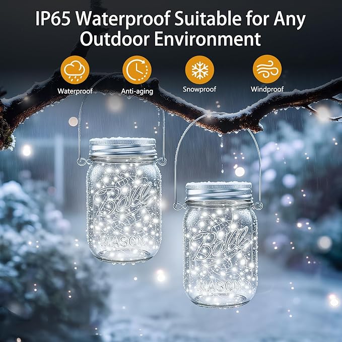 String Lights 12-Pack Solar Mason Jar Lights, Cool White LED