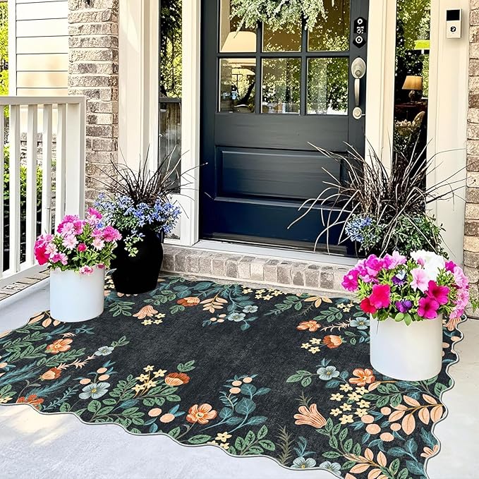 Outdoor Rug 3x5 Ft Black Floral Washable Non-Slip Entry Mat