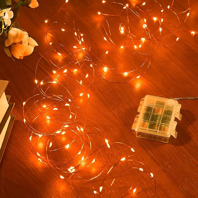 Indoor String Lights, 65.6 Ft Orange LED Battery Powered with Remote
