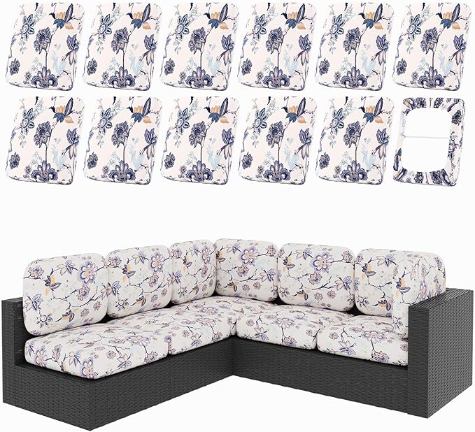 Cushion Covers, 12-Piece Stretch Patio Set in Vintage Flower Print