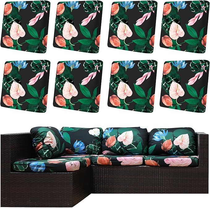 Cushion Covers 8 Pack, Stretch Fit Flower Bed Design for Patio Furniture