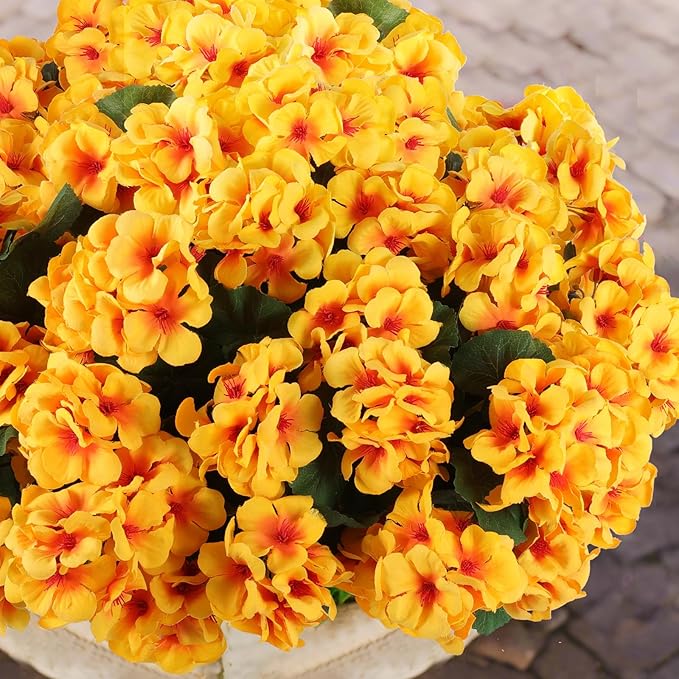 Artificial Geranium Flowers, Yellow Silk, 6 Bundles for Indoor/Outdoor Decor