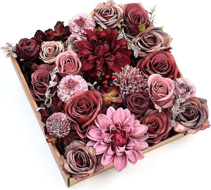 Artificial Flowers Burgundy Faux Silk Dahlia Set, 25 Pcs with Green Leaves