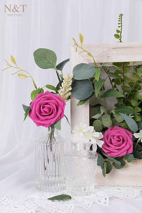 Artificial Flowers Hot Pink Foam Roses with Wire Stems, 50 Pcs