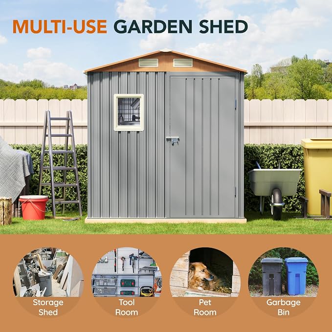 Storage Shed, Matte Gray Steel with Lockable Doors, Window and Vents