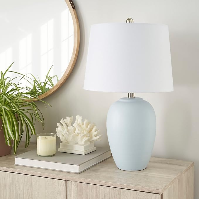 Table Lamp, Light Blue Painted Ceramic Base, White Shade, 3-Way Switch