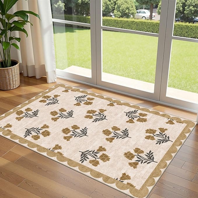 Outdoor Rug, 3x5 Beige Floral Entry Mat, Machine Washable