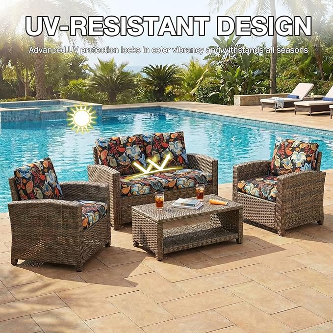 Patio Cushion Covers, Floral Stretch Fabric, Non-Slip Elastic Straps