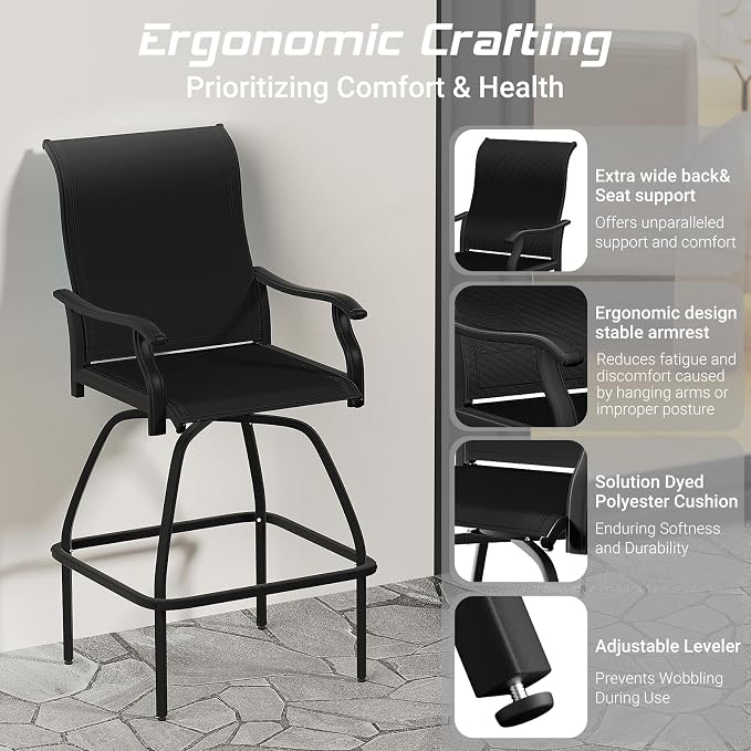 LEVELEVE Patio Bar Set 2pcs Swivel Bar Stools Outdoor Bistro Textilene - Image 5