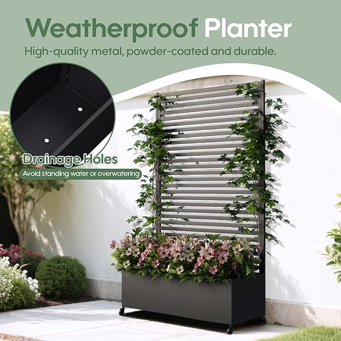 Raised Garden Bed, Black Galvanized Metal Planter with Trellis