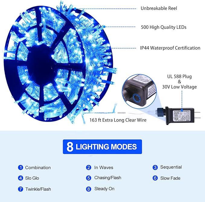 String Lights, 163 ft Blue Christmas Light Set with 500 LEDs for Outdoor Use