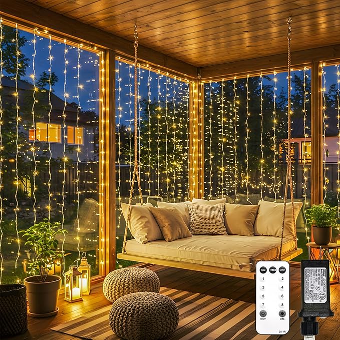 Curtain String Lights, 900 LED, Warm White, 8 Modes