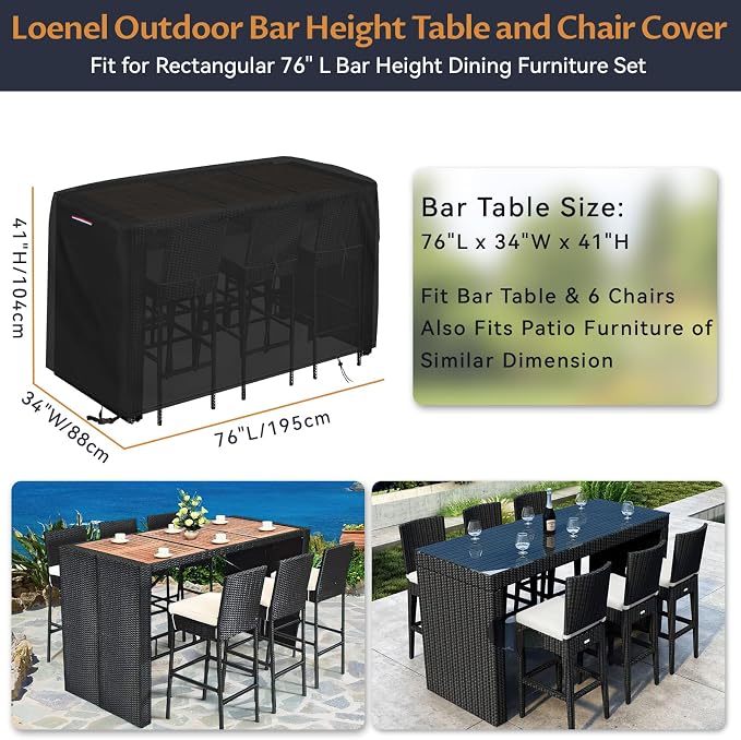 Furniture Set Cover, Black Waterproof Patio Bar Set Cover, 76 x 34 x 42 Inch