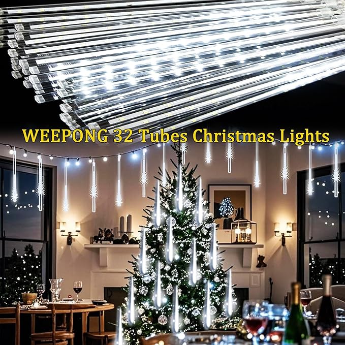 String Lights Outdoor, 32 Tubes, 768 LEDs, White Meteor Shower Lights