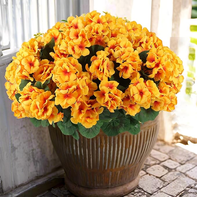 Artificial Geranium Flowers, Yellow Silk, 6 Bundles for Indoor/Outdoor Decor