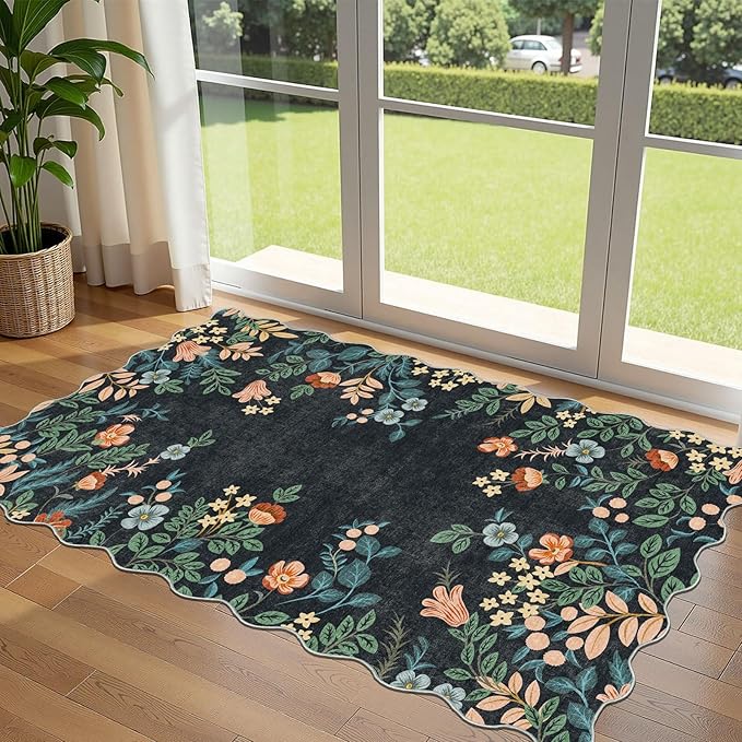Outdoor Rug 3x5 Ft Black Floral Washable Non-Slip Entry Mat