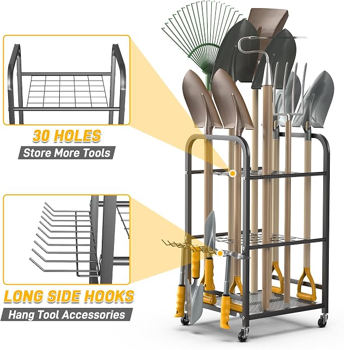 Garden Tool Storage Rack, Black Alloy Steel with Lockable Wheels and Shelves