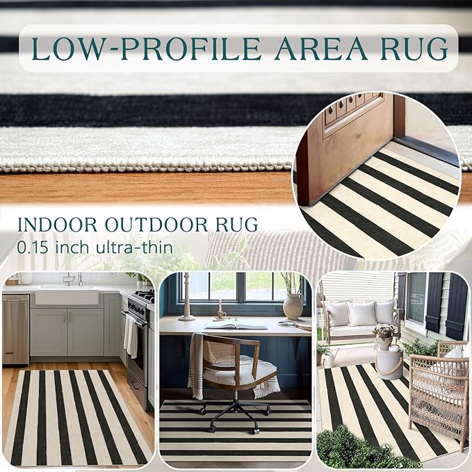 Outdoor Rugs, Black and White Striped Polyester Entry Mat, 3 x 5 ft