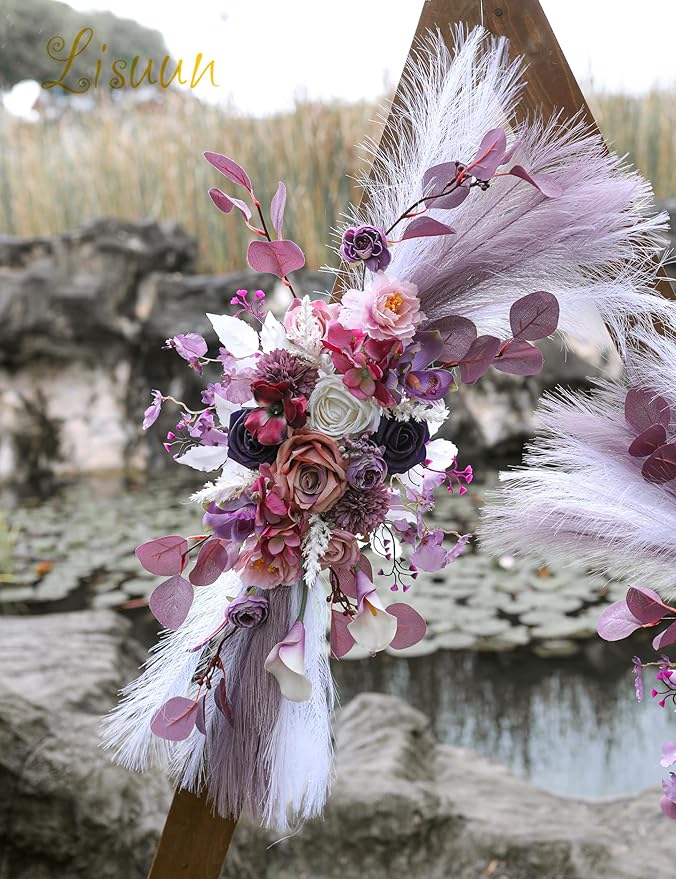Artificial Wedding Flower Swag, Purple Peony and Pampas, 40 Inch