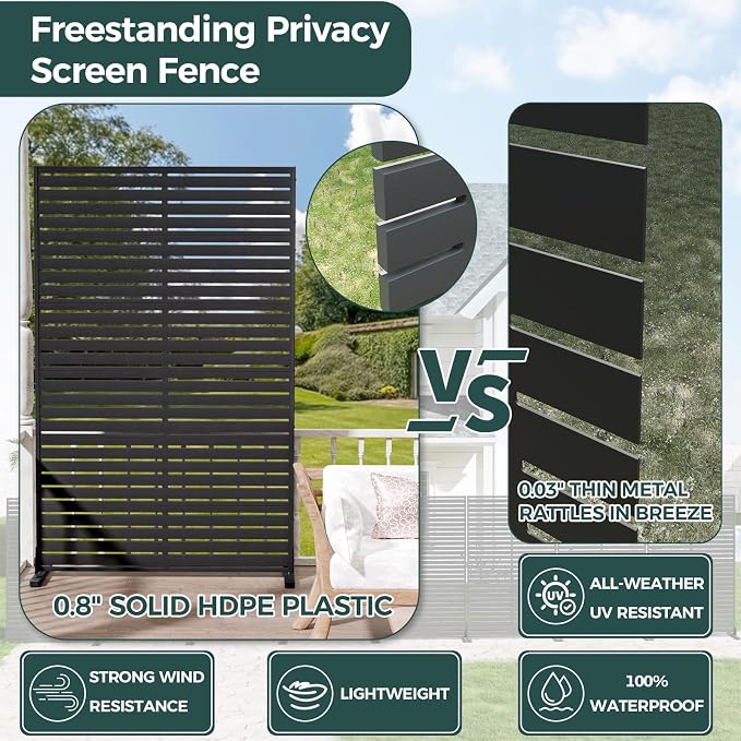 Decorative Fence Panels, 6-Piece Black HDPE Freestanding Privacy Screen
