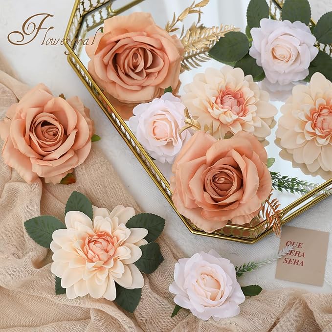 Artificial Flowers Set of 17 Silk Blooms with Stems in Nude