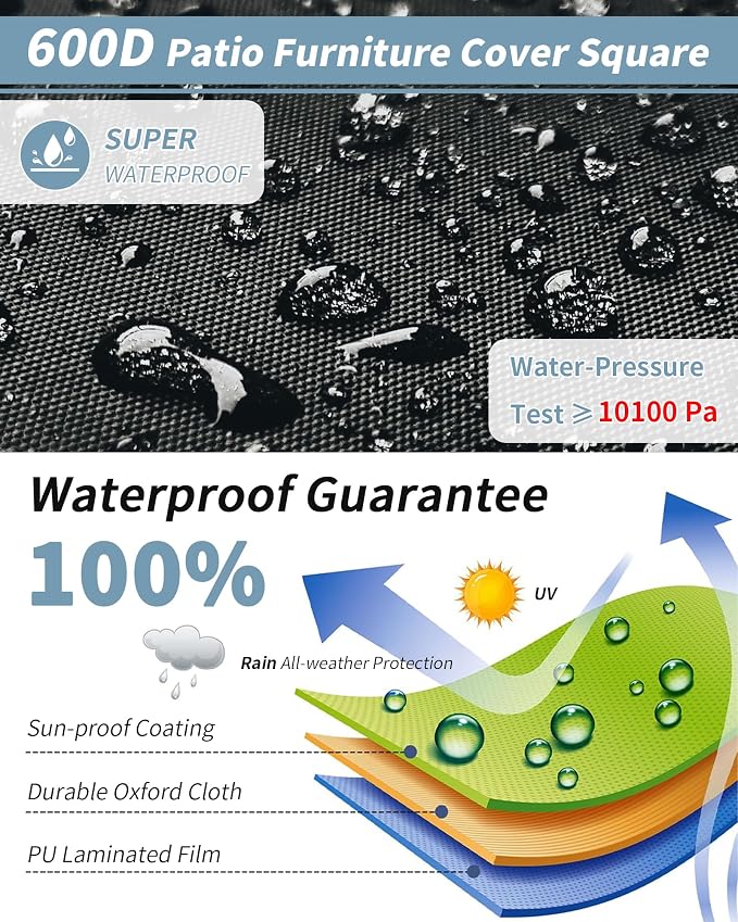 Outdoor Waterproof Furniture Cover, 86W x 86L x 28H inches Heavy Duty 600D - Image 4