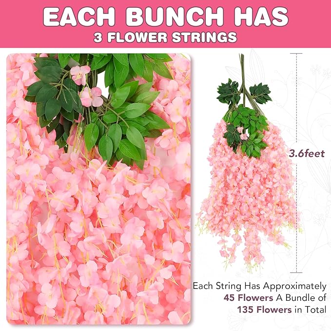 Artificial Wisteria Flower Vines, 75 Pink Silk and Plastic Stems, 3.6 Ft