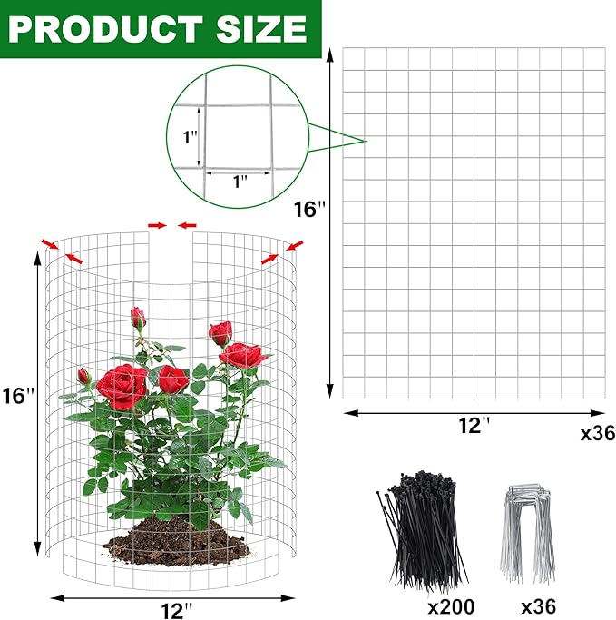 Plant Cages Supports - 12 Set Galvanized Wire Garden Protectors, 16x12 Inch
