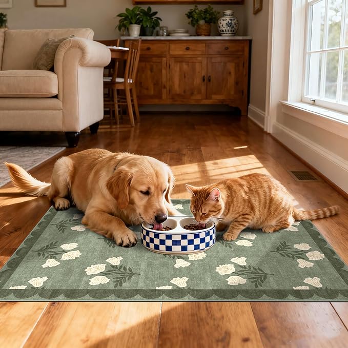 Outdoor Rug, Sage Green Floral Scalloped Edge, 2 x 3 ft