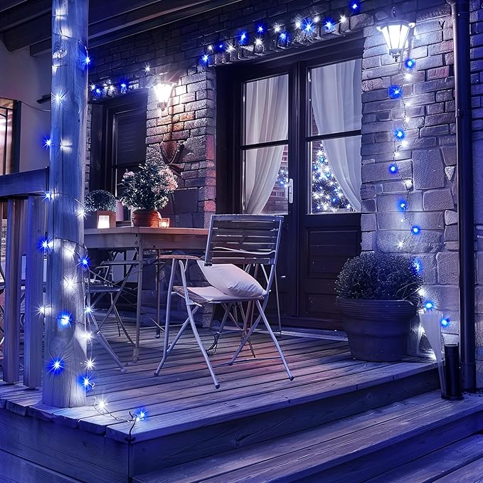 Solar String Lights, Blue & White LED Outdoor Decor, 2 Pack