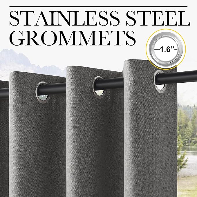 Outdoor Curtains, Grey Waterproof Blackout Panels, 52 x 84 Inch, Set of 2
