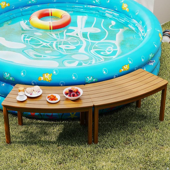 Tangkula Acacia Wood Outdoor Curved Bench Set of 2, Patio Garden Backless Fire - Image 3