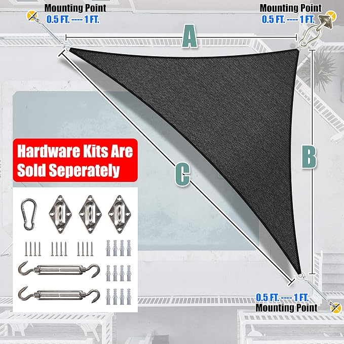 Amgo Custom Size 11' x 17' x 20.2' Black Right Triangle Sun Shade Sail UPF50+ - Image 8