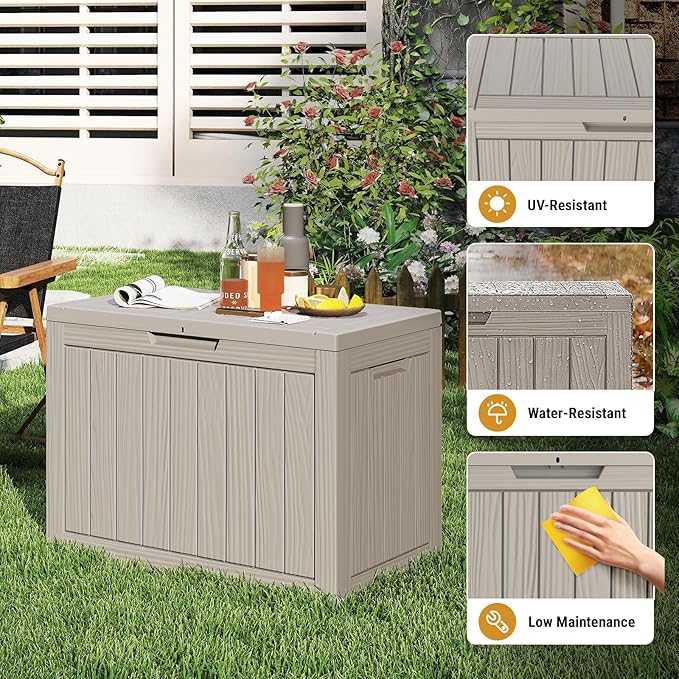 Deck Box, 45 Gallon Waterproof Resin Storage with Lockable Lid, Greige