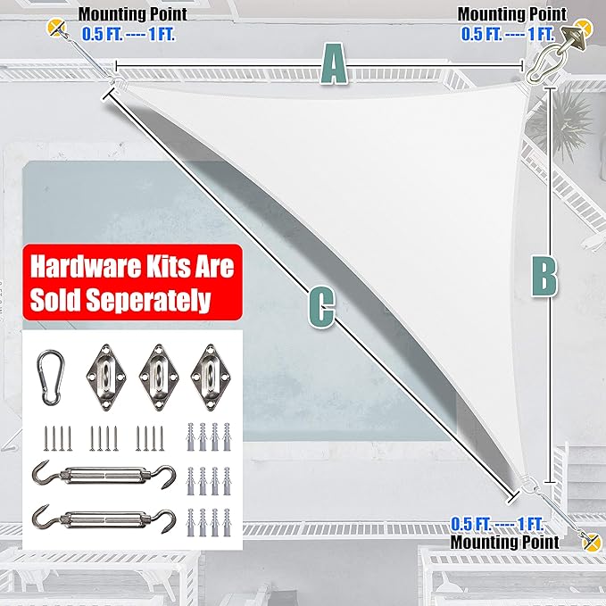 Amgo Custom Size 11' x 11' x 15.6' White Right Triangle Sun Shade Sail UPF50+ - Image 8