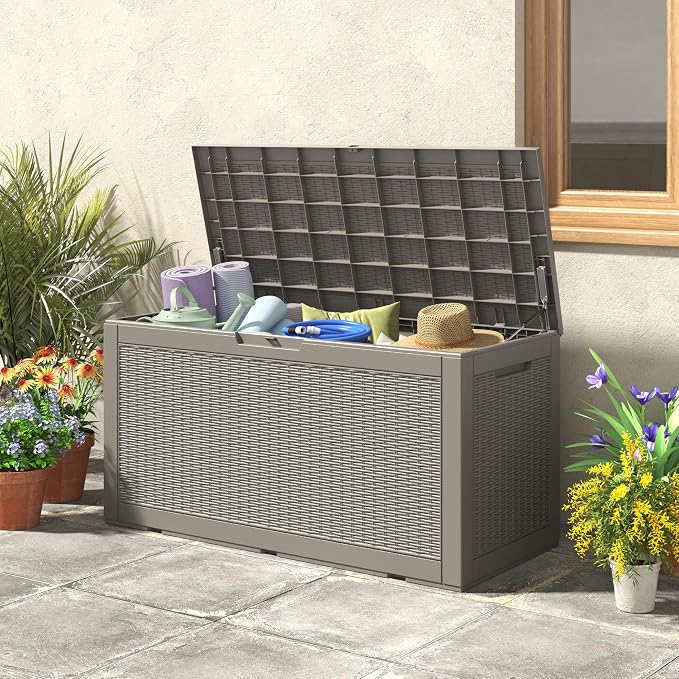 Outdoor Storage Deck Box, 102 Gallon Lockable Waterproof Resin, Grey