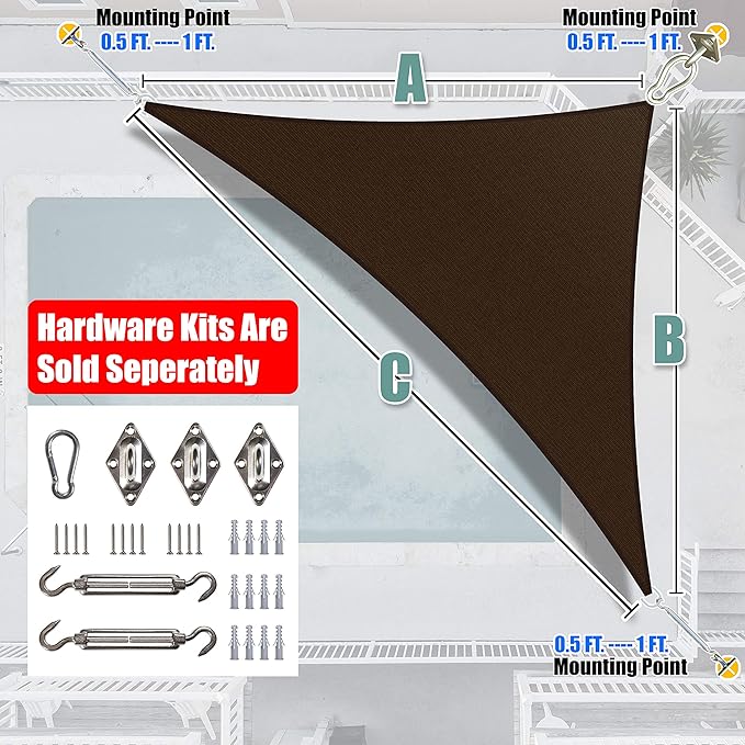 Amgo 20' x 20' x 28.3' Brown Right Triangle Sun Shade Sail UPF50+ Canopy Awning - Image 8