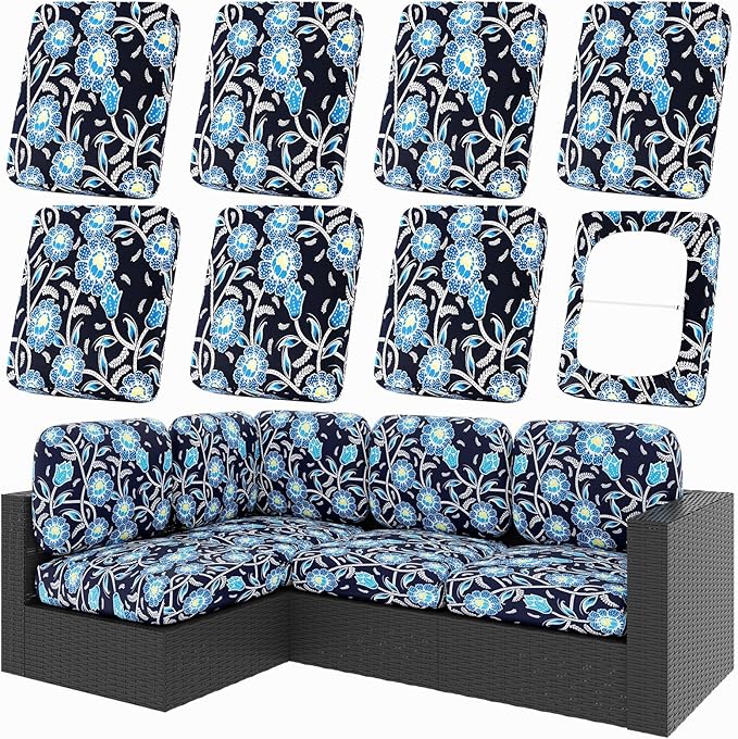 Outdoor Cushion Covers, 8-Piece Bluebell Stretch Set for Patio Chairs
