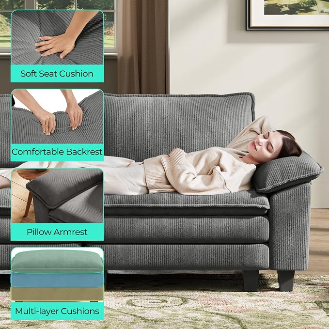 LINSY HOME 157'' Modular Sectional Sofa Grey Couch Corduroy Cloud Couches - Image 4