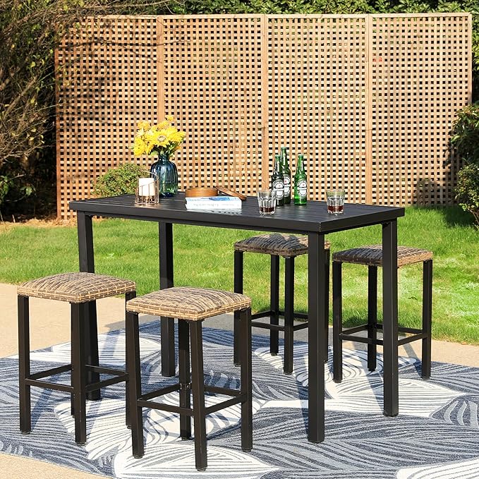 PHI VILLA 5 Piece Patio Bar Set, Bar Height Outdoor Dining Set - Image 2
