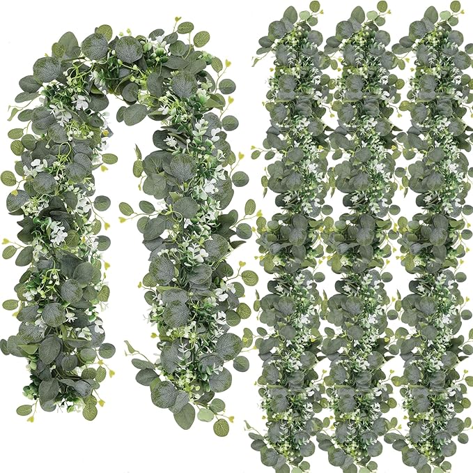 Artificial Greenery Garland, 6 ft Eucalyptus Vine with White Blooms
