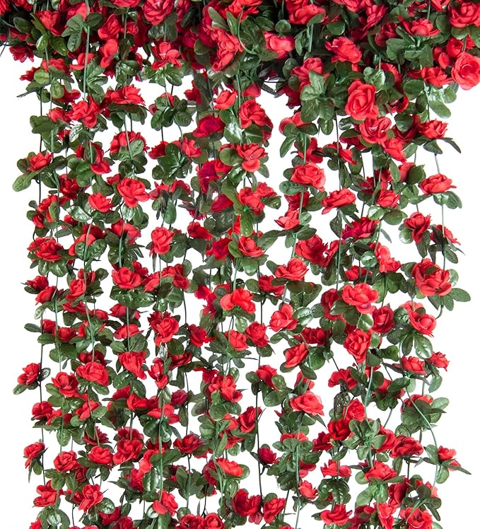 Artificial Rose Garland Vines, 8 Pack, 8.2 ft Spring Red Flowers