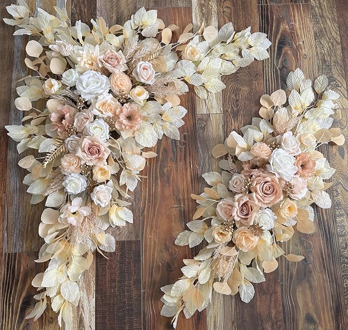 Artificial Flowers Wedding Arch Kit, Beige Silk Roses with Sheer Drapes