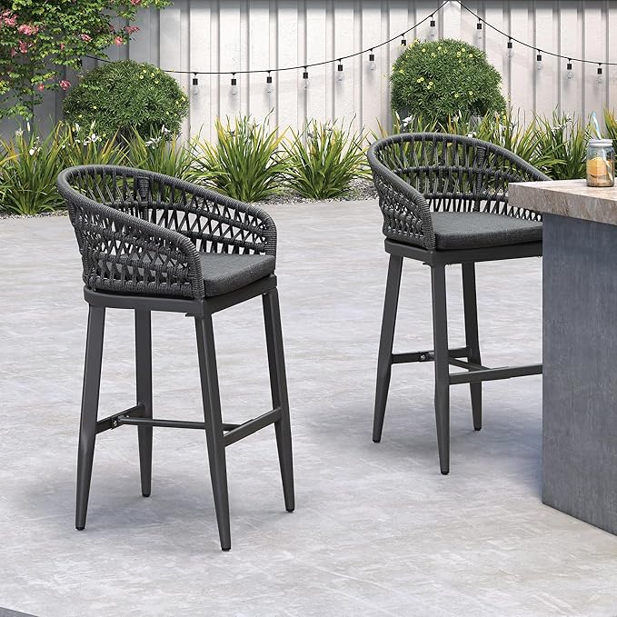 PURPLE LEAF Outdoor Rattan 29" Bar Stools Set of 2, Modern Boho Aluminum Patio - Image 2