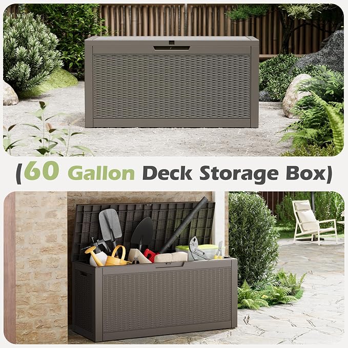 Deck Box 60 Gallon Resin Storage Bench, Lockable Rattan Grey