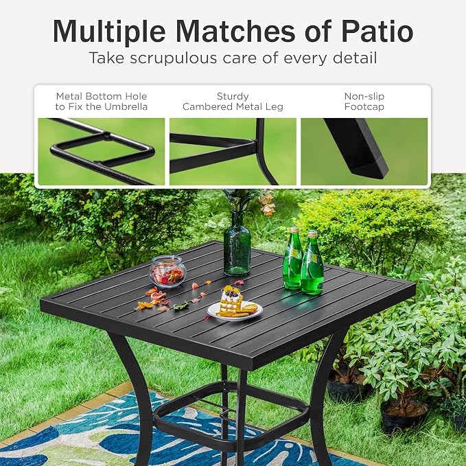 Outdoor Bar Table, 31-Inch Square Metal with Umbrella Hole
