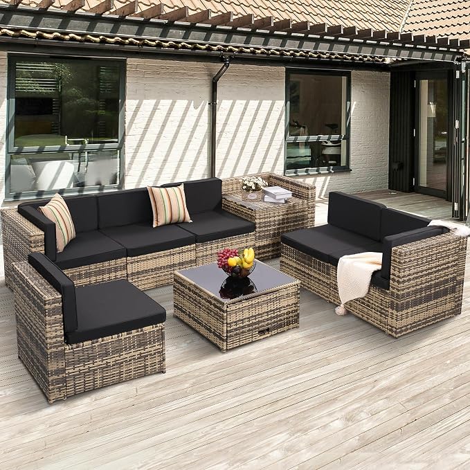 8-Piece Patio Furniture Set, Outdoor Wicker Rattan Sectional by KROFEM