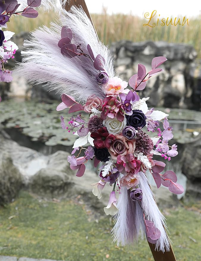 Artificial Wedding Flower Swag, Purple Peony and Pampas, 40 Inch