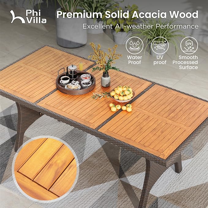 PHI VILLA Outdoor Dining Set for 6, Rectangular Wicker Table - Image 2
