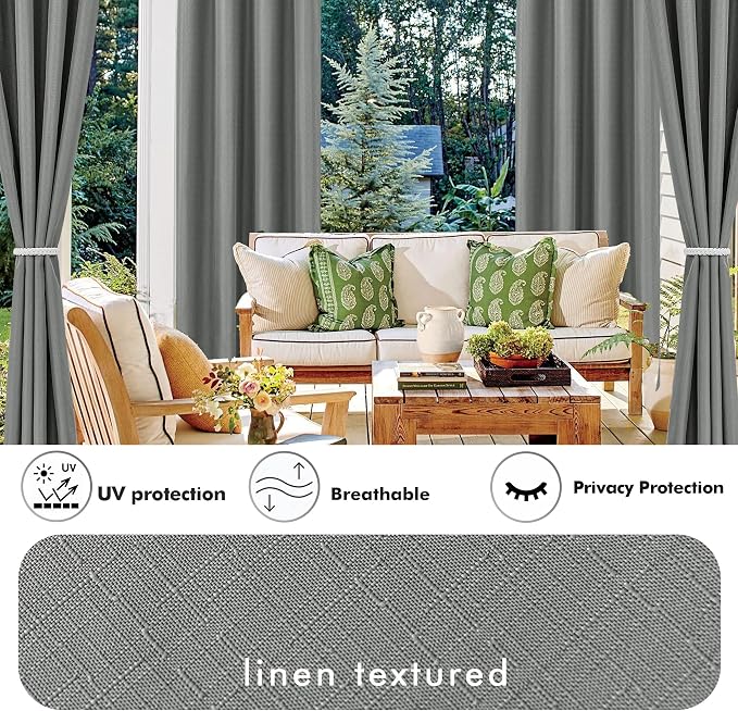 Outdoor Curtains - 4 Light Grey Waterproof Linen Panels, 110 x 95 Inch